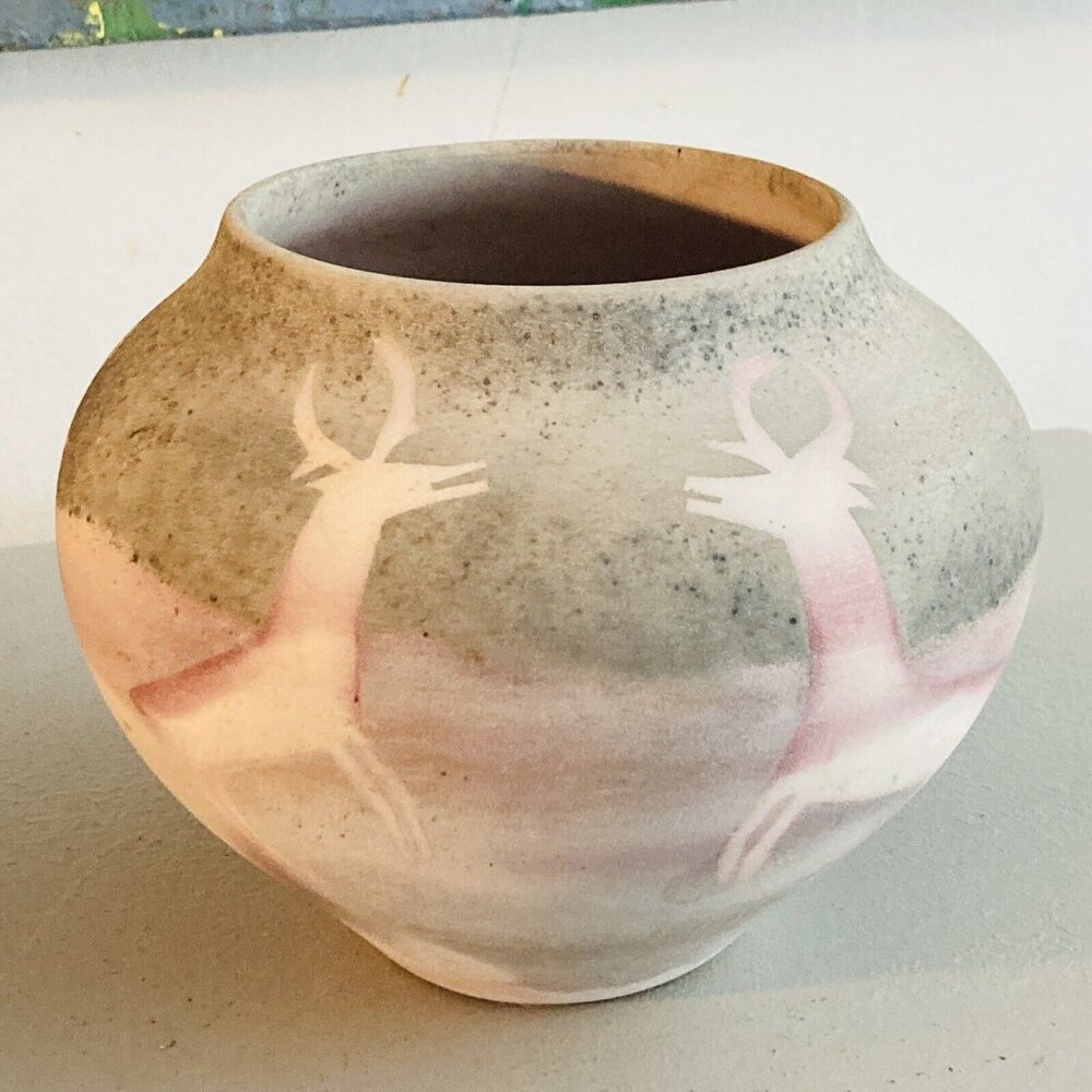 Vintage 1990s Studio Pottery Vase Elk Deer Pot Southwestern Matte Signed